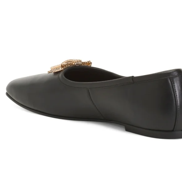 🖤🔹️Freda Salvador🔹️ Black Leather Ballet Flats with Crystal Gold Bow - Picture 2 of 3